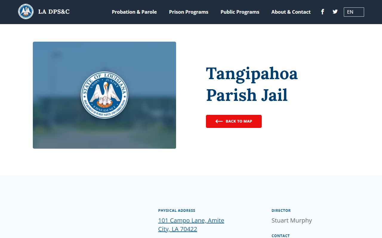 Tangipahoa Parish Jail DPS&C facility page and jail contact record