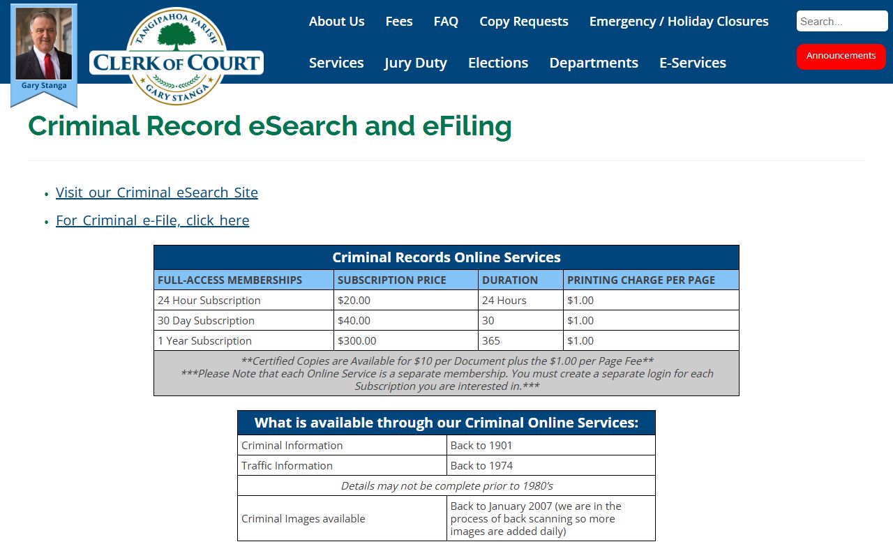 Tangipahoa Parish court records after arrest Clerk Criminal eSearch access