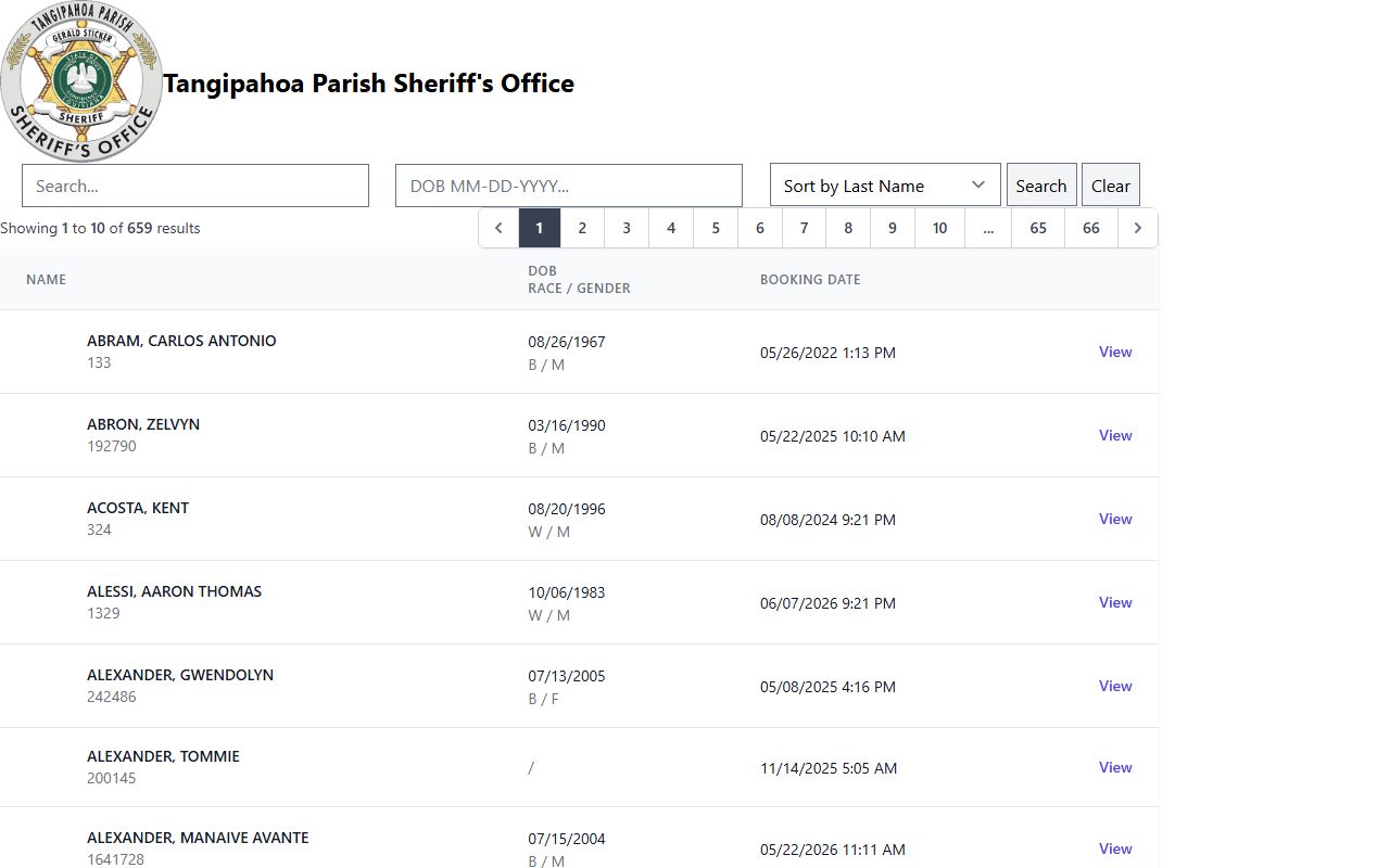Tangipahoa Parish jail roster inmate population search results