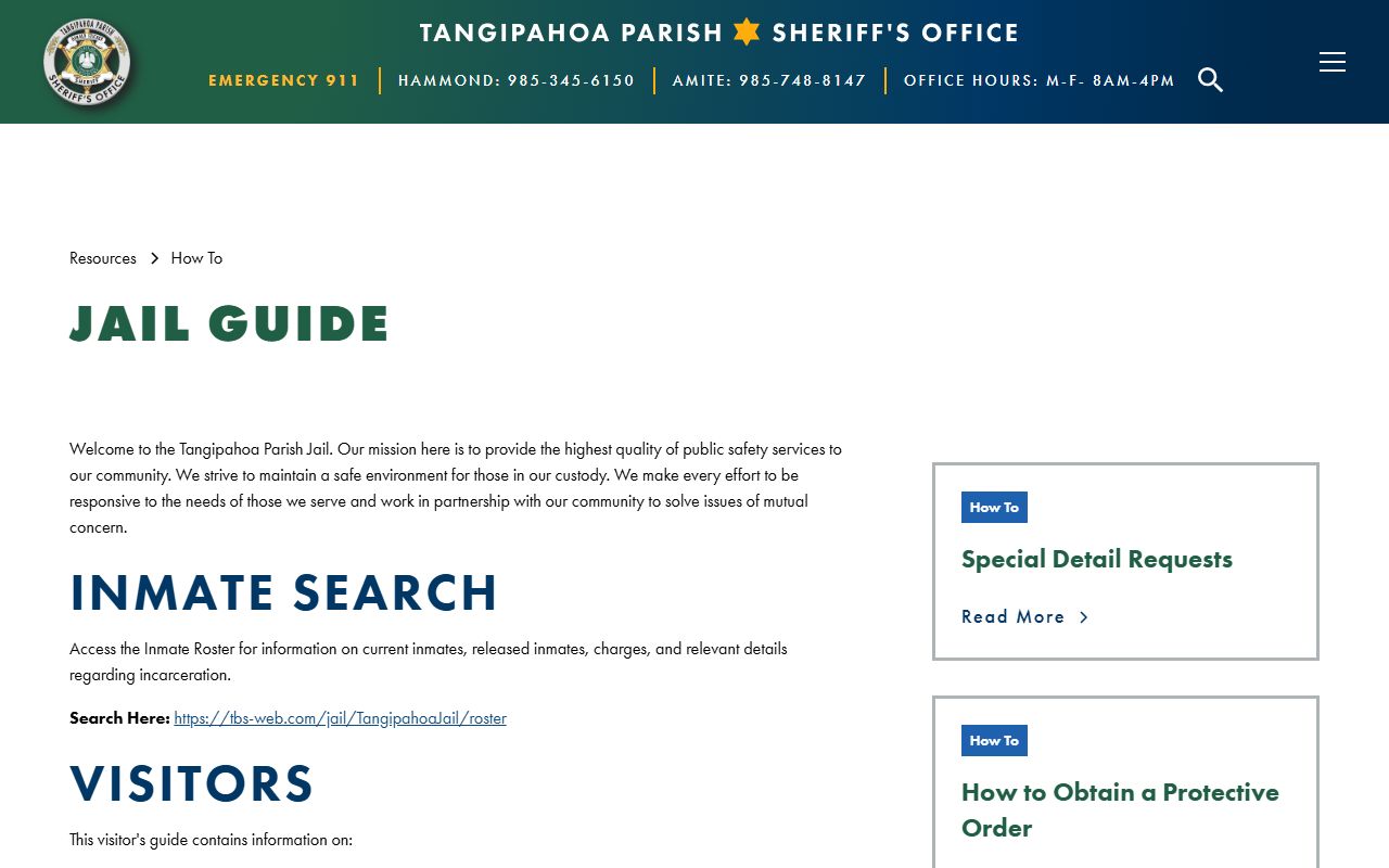 Tangipahoa Parish inmate records Jail Guide visitation and deposit information